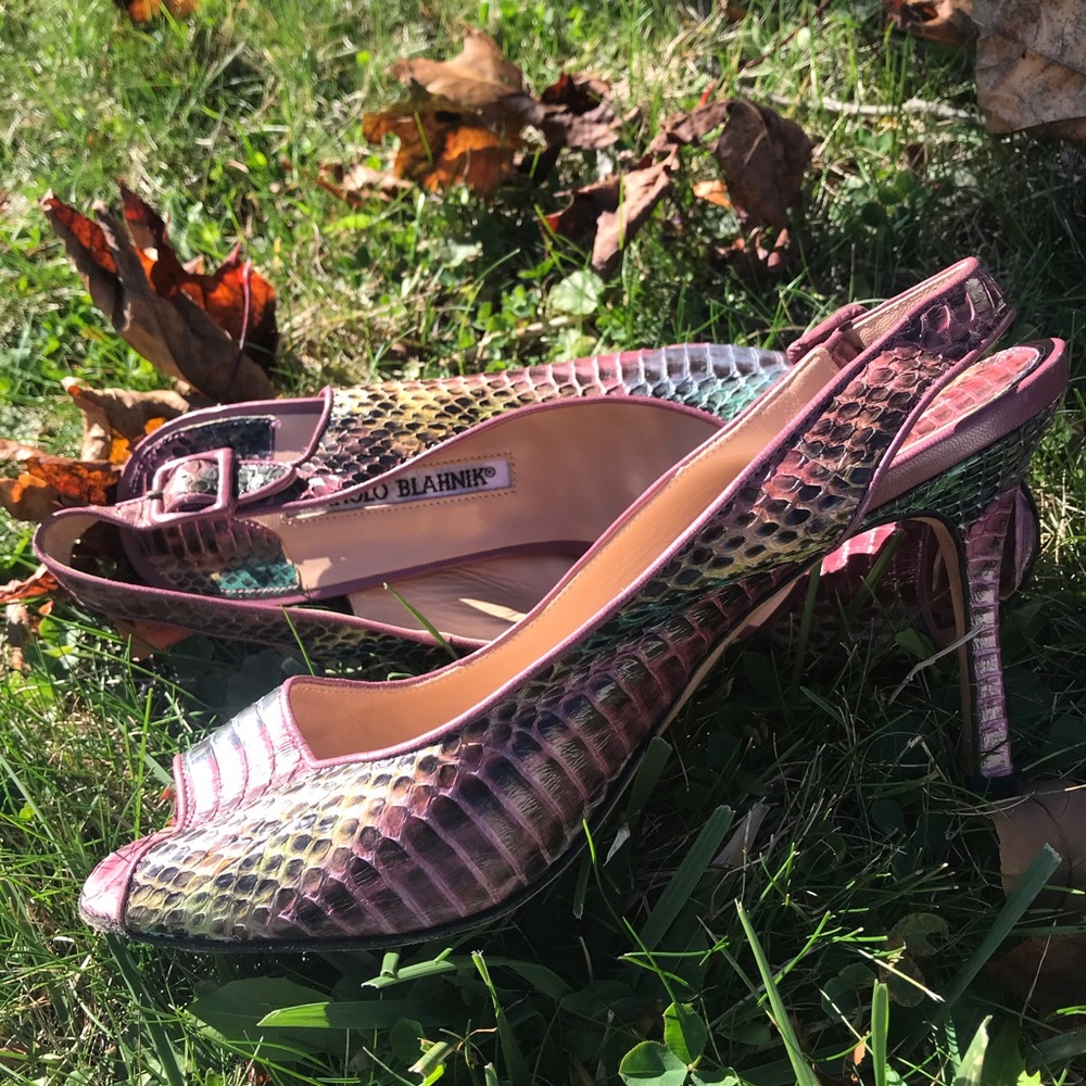 Manolo Blahnik multi-colored snake skin pumps